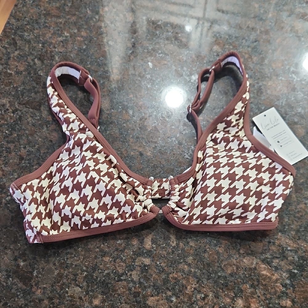 Cupshe Brown and Cream Houndstooth Bikini Top
